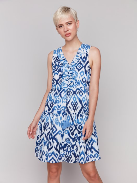 FINAL SALE Charlie B Printed Sleeveless Cotton Ruffle Dress - Ikat