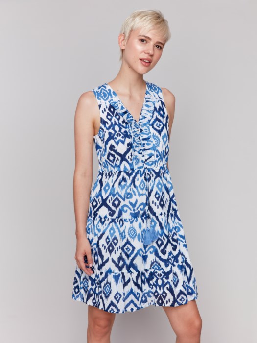 FINAL SALE Charlie B Printed Sleeveless Cotton Ruffle Dress - Ikat