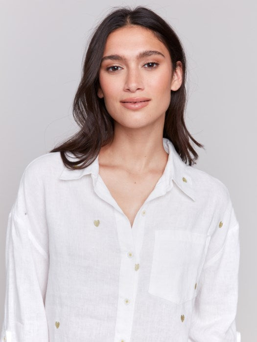 FINAL SALE Charlie B Linen Blend Tunic Blouse with Embroidered Hearts
