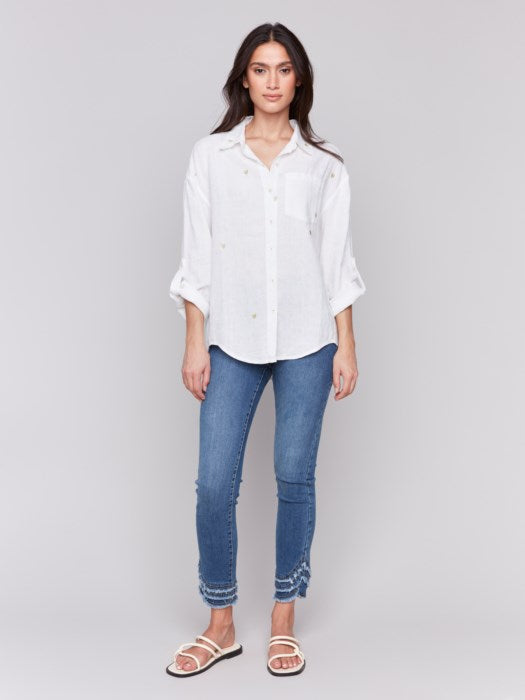 FINAL SALE Charlie B Linen Blend Tunic Blouse with Embroidered Hearts