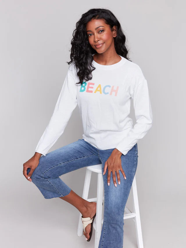 FINAL SALE Charlie B Cotton Knit Sweater with Beach Print - White