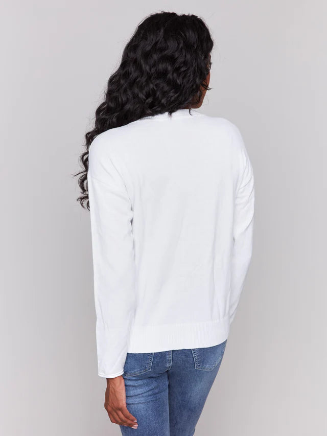FINAL SALE Charlie B Cotton Knit Sweater with Beach Print - White