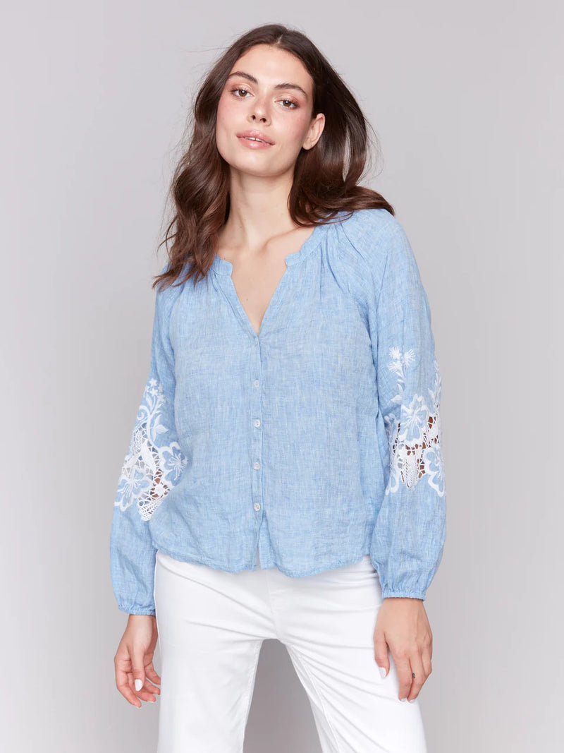 FINAL SALE Charlie B Cotton-Linen Button-Front Blouse with Embroidery - Chambray