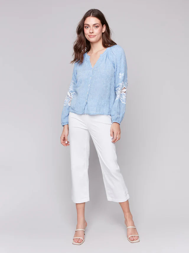FINAL SALE Charlie B Cotton-Linen Button-Front Blouse with Embroidery - Chambray