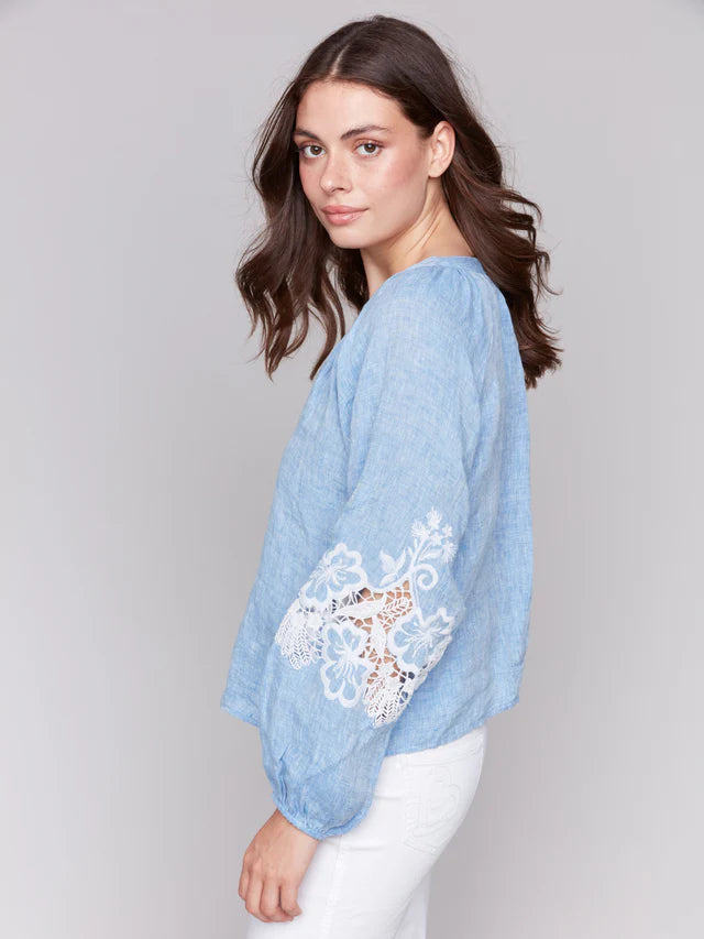 FINAL SALE Charlie B Cotton-Linen Button-Front Blouse with Embroidery - Chambray