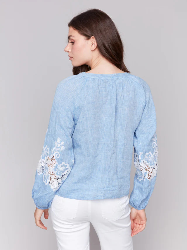 FINAL SALE Charlie B Cotton-Linen Button-Front Blouse with Embroidery - Chambray