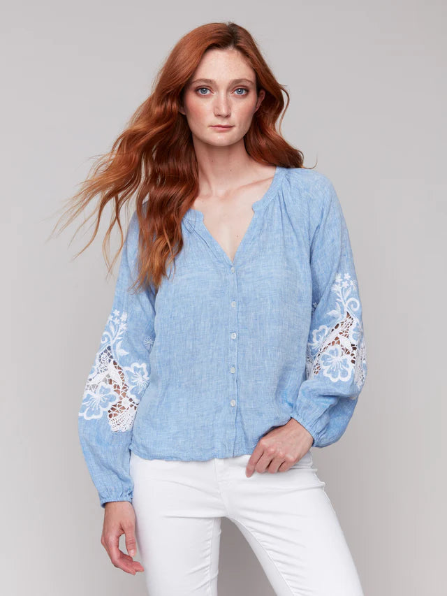FINAL SALE Charlie B Cotton-Linen Button-Front Blouse with Embroidery - Chambray