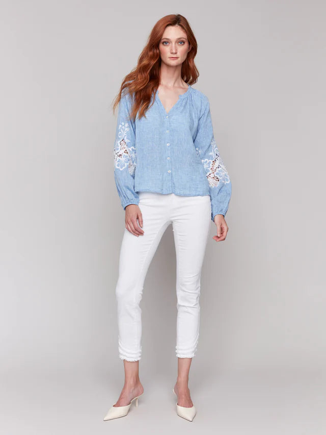 FINAL SALE Charlie B Cotton-Linen Button-Front Blouse with Embroidery - Chambray