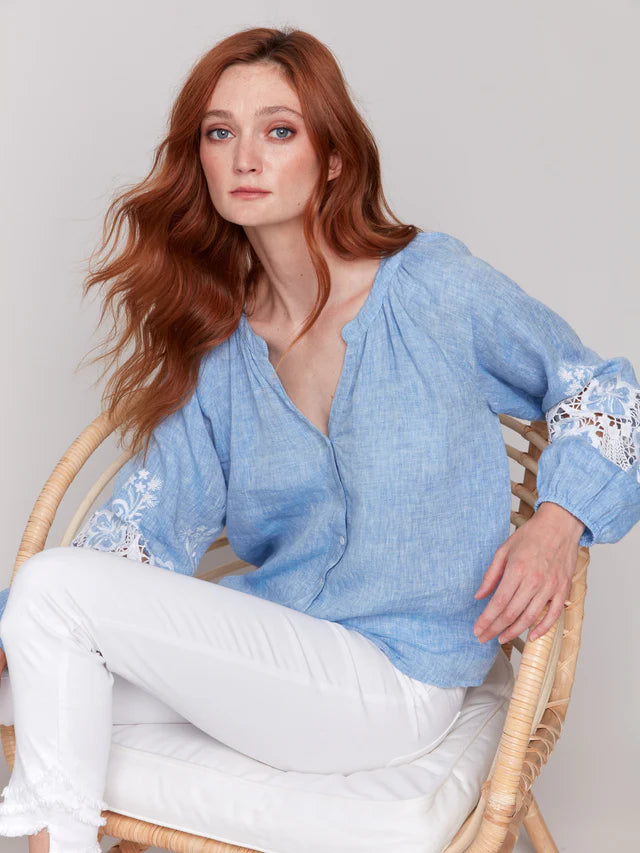 FINAL SALE Charlie B Cotton-Linen Button-Front Blouse with Embroidery - Chambray