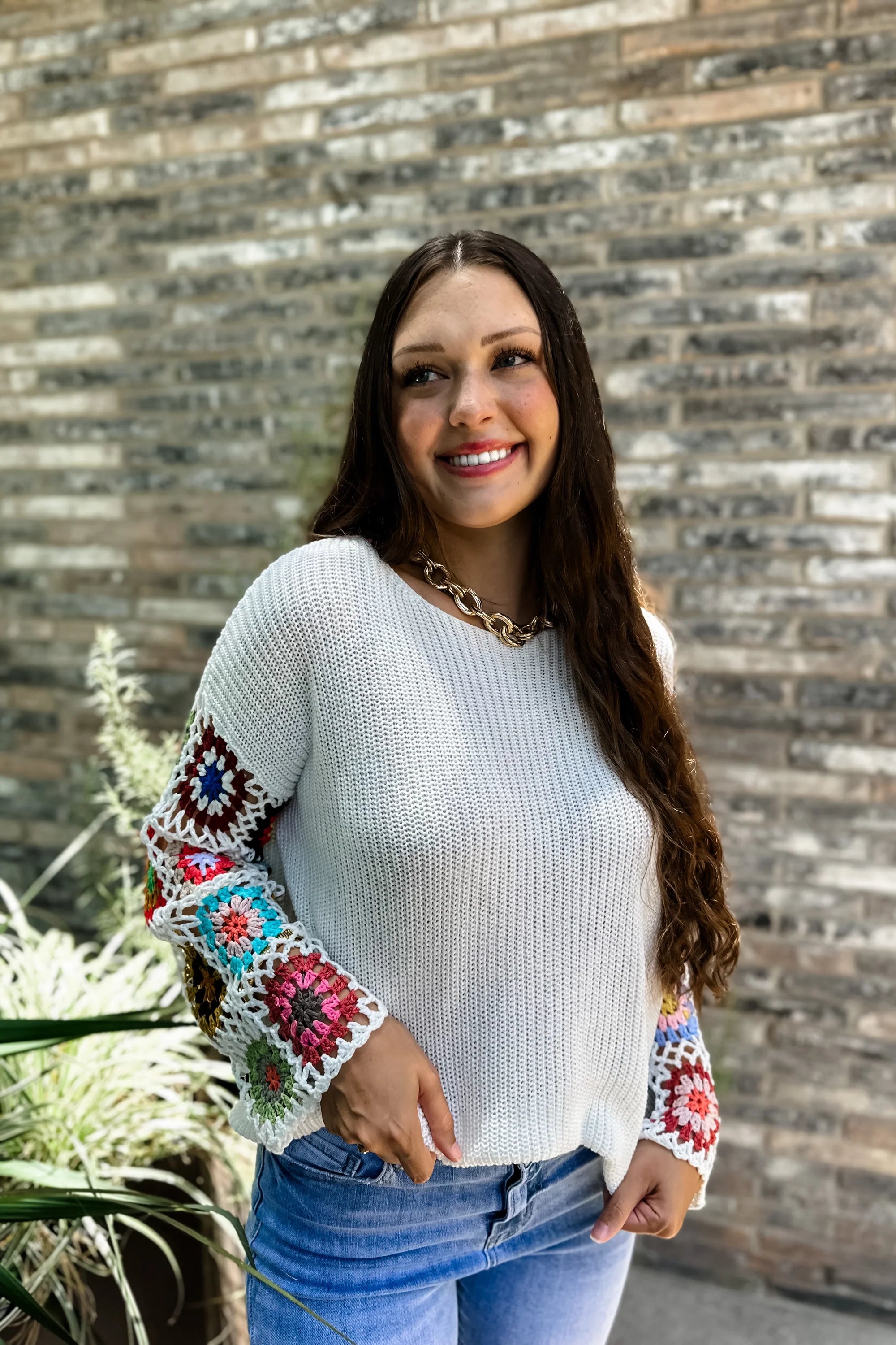 Indie Crochet Sleeve Sweater Top White The Market Boutique