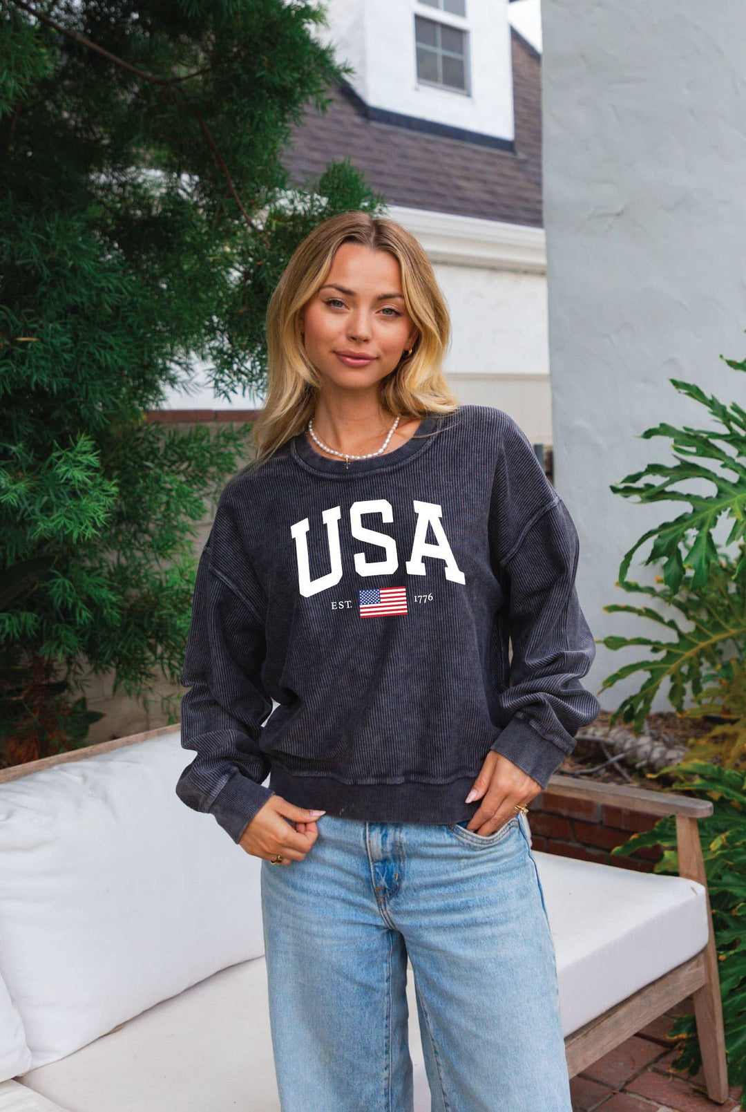 USA EST 1776  Cropped Thermal Vintage Pullover - Cranberry