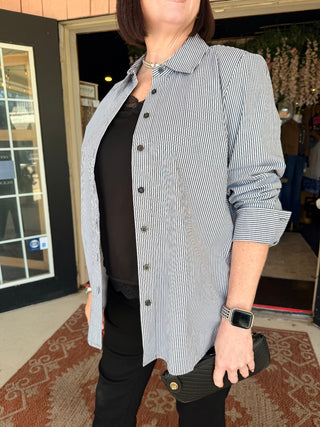 Tribal Striped Stretch Poplin Long Sleeve Button Front Shirt Black
