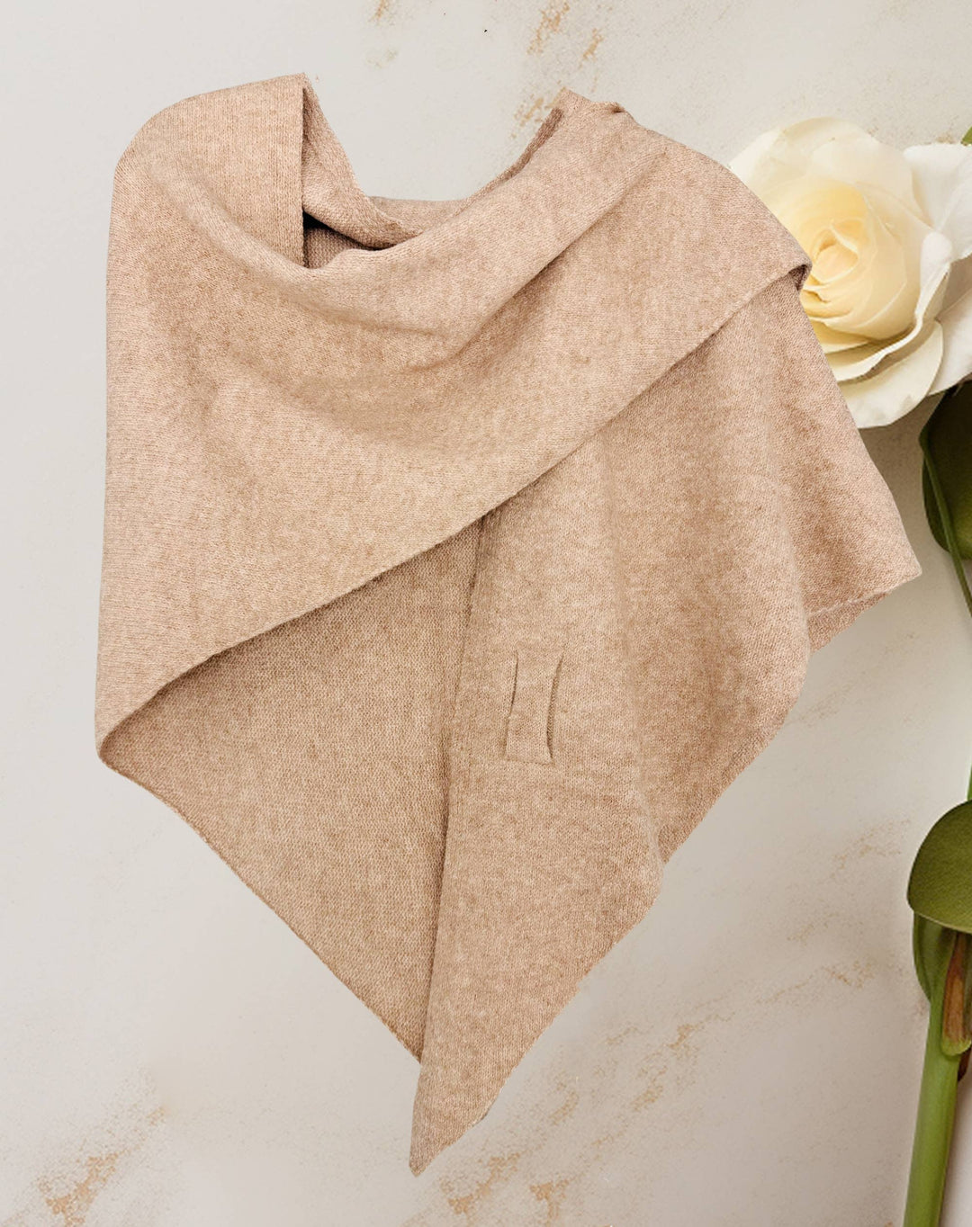 Cashmere-Blend Knit Triangle Shawl with Cross-Front Design
