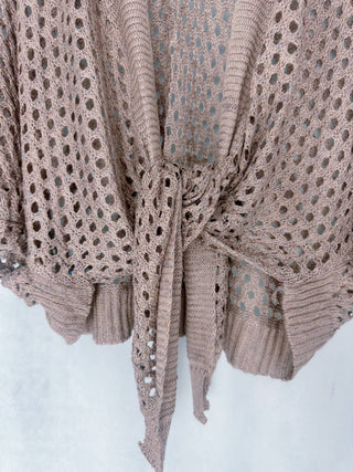 Eyelet Open-Knit Metallic Cardigan with Front Tie
