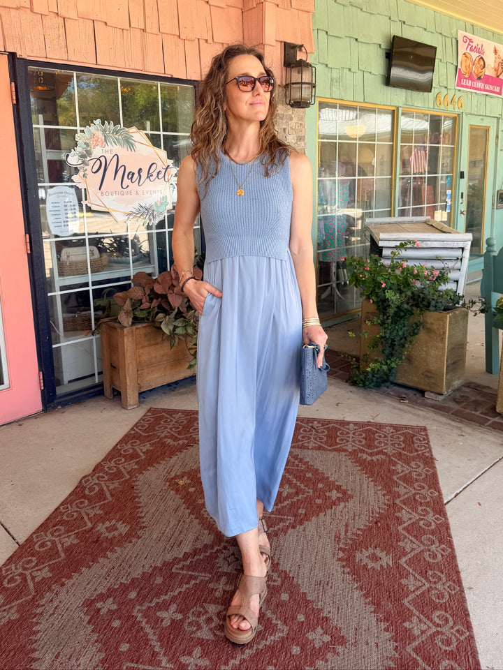 Liverpool Sleeveless Tie Back Sweater Woven Dress Malibu Blue