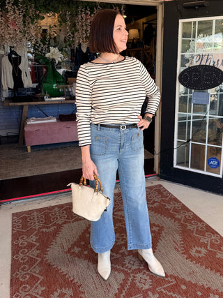 Tribal Striped Boat Neck Long Sleeve Knit Top With Button Cuffs Black