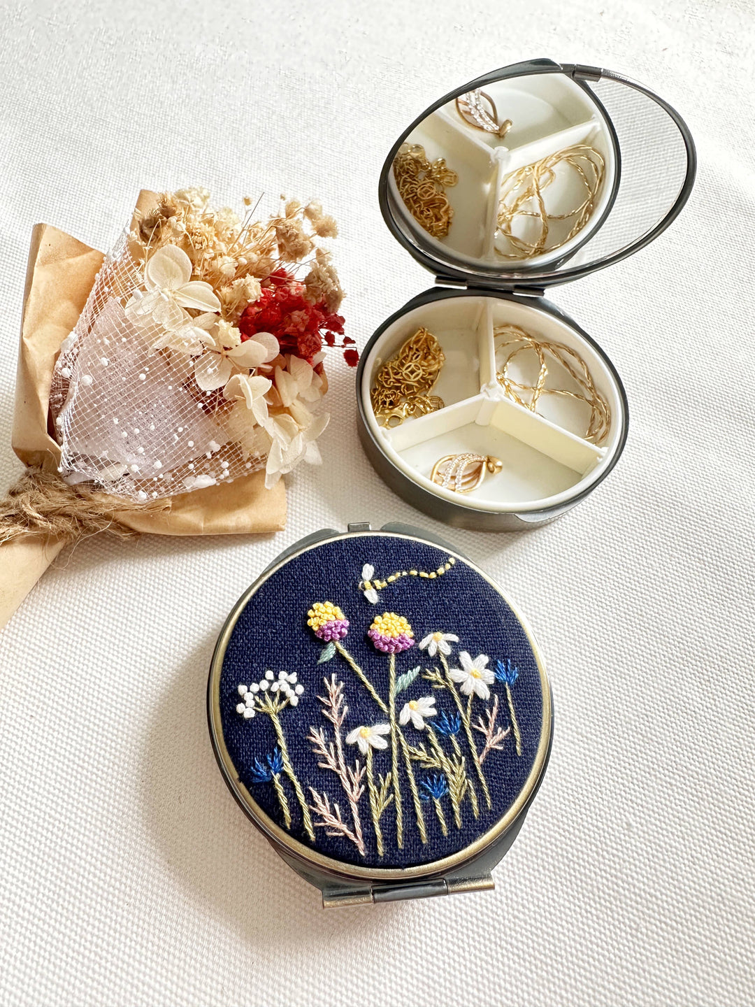 Floral Embroidered Round Jewelry Box (or Pill Box) With MirrorSuccess