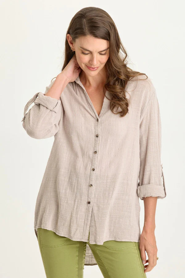 XCVI Wearables Porter Gauze Curved Hem Button-Up Top  in Clay Pot Pigment