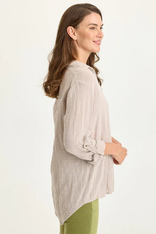 XCVI Wearables Porter Gauze Curved Hem Button-Up Top  in Clay Pot Pigment