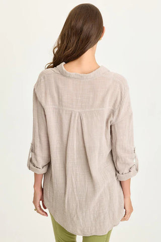 XCVI Wearables Porter Gauze Curved Hem Button-Up Top  in Clay Pot Pigment