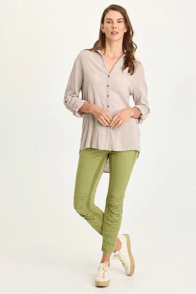 XCVI Wearables Porter Gauze Curved Hem Button-Up Top  in Clay Pot Pigment