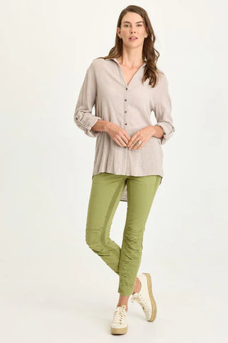 XCVI Wearables Porter Gauze Curved Hem Button-Up Top  in Clay Pot Pigment