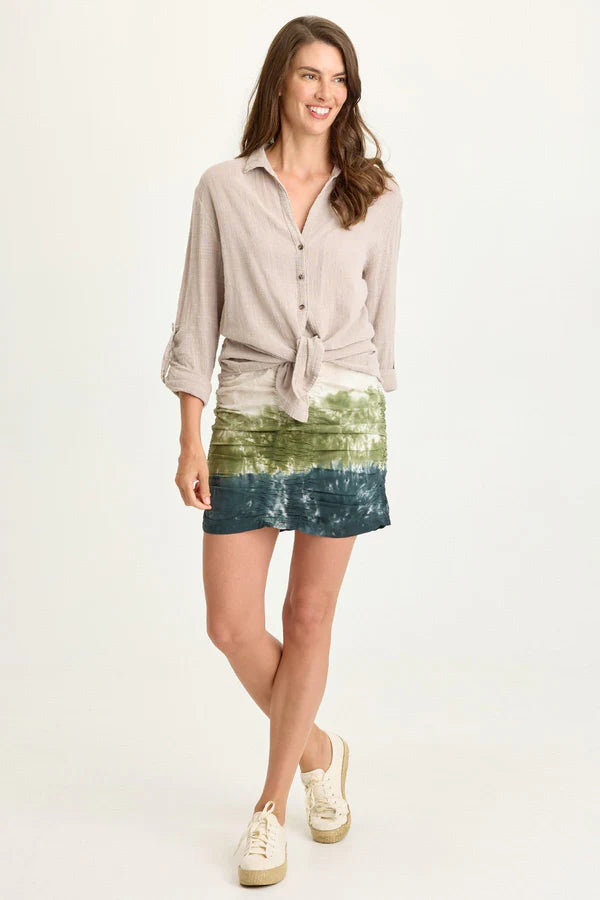 XCVI Wearables Porter Gauze Curved Hem Button-Up Top  in Clay Pot Pigment