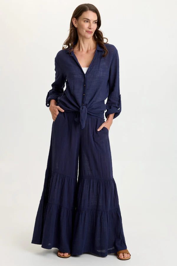XCVI Lando Gauze Tiered-Bottom Pant Navy