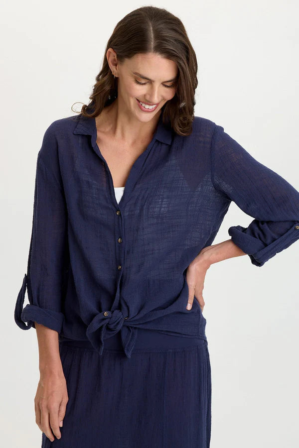 XCVI Wearables Porter Gauze Curved Hem Button-Up Top Navy