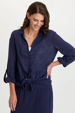 XCVI Wearables Porter Gauze Curved Hem Button-Up Top Navy