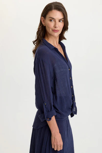 XCVI Wearables Porter Gauze Curved Hem Button-Up Top Navy