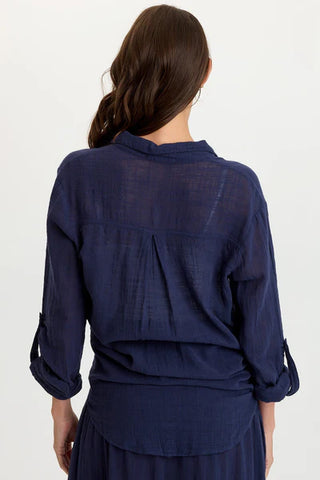 XCVI Wearables Porter Gauze Curved Hem Button-Up Top Navy