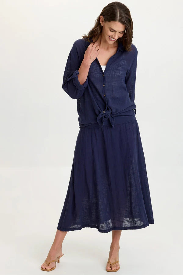 XCVI Wearables Porter Gauze Curved Hem Button-Up Top Navy