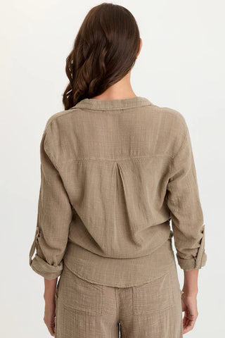 XCVI Wearables Porter Gauze Curved Hem Button-Up Top Roadside Pigment