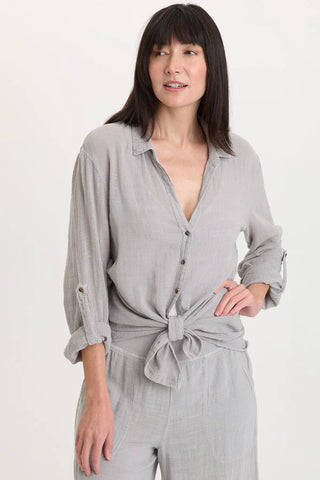 XCVI Wearables Porter Gauze Curved Hem Button-Up Top Soft Pebble Pigment