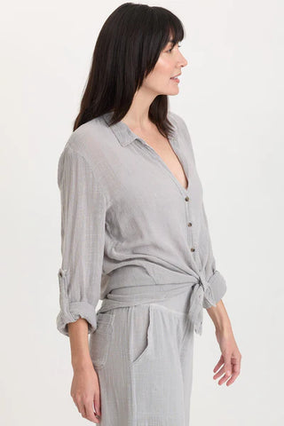 XCVI Wearables Porter Gauze Curved Hem Button-Up Top Soft Pebble Pigment