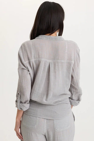 XCVI Wearables Porter Gauze Curved Hem Button-Up Top Soft Pebble Pigment