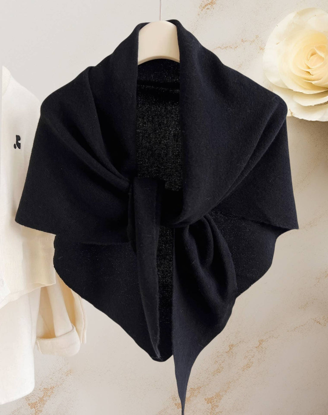 Cashmere-Blend Knit Triangle Shawl with Cross-Front Design