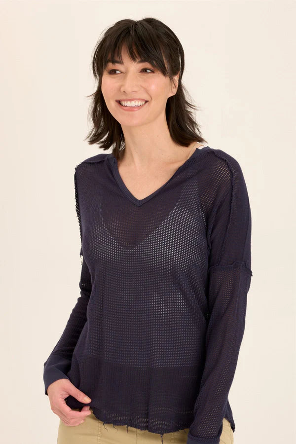 XCVI Wearables Bullock Mesh V-Neck Pullover  in Navy