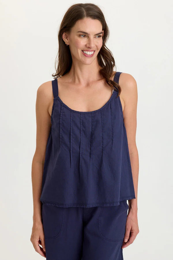 XCVI Wearables Shawnie Linen Billowy Pintuck Tank In Navy