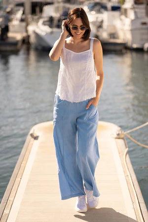 XCVI Pia Paper-Bag Waist Linen Wide Leg Pant  in Shasta Lake