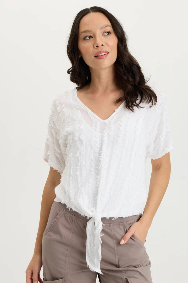 XCVI Curine Stripe Voile/Jersey Knotted V-Neck Top  in White