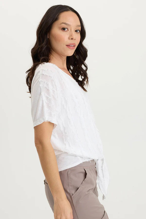 XCVI Curine Stripe Voile/Jersey Knotted V-Neck Top  in White