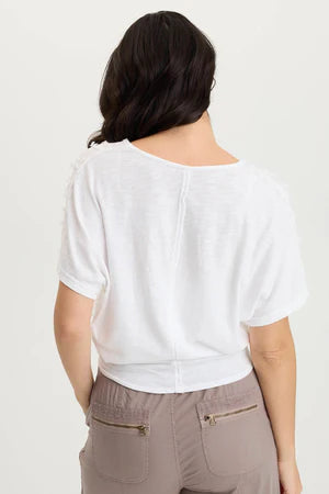 XCVI Curine Stripe Voile/Jersey Knotted V-Neck Top  in White