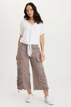 XCVI Curine Stripe Voile/Jersey Knotted V-Neck Top  in White