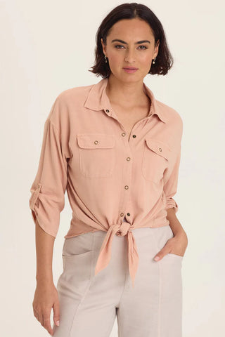 XCVI Wearables Tyrell Lightweight Tie-Front Button-Up  in Burnished Caramel Pigment