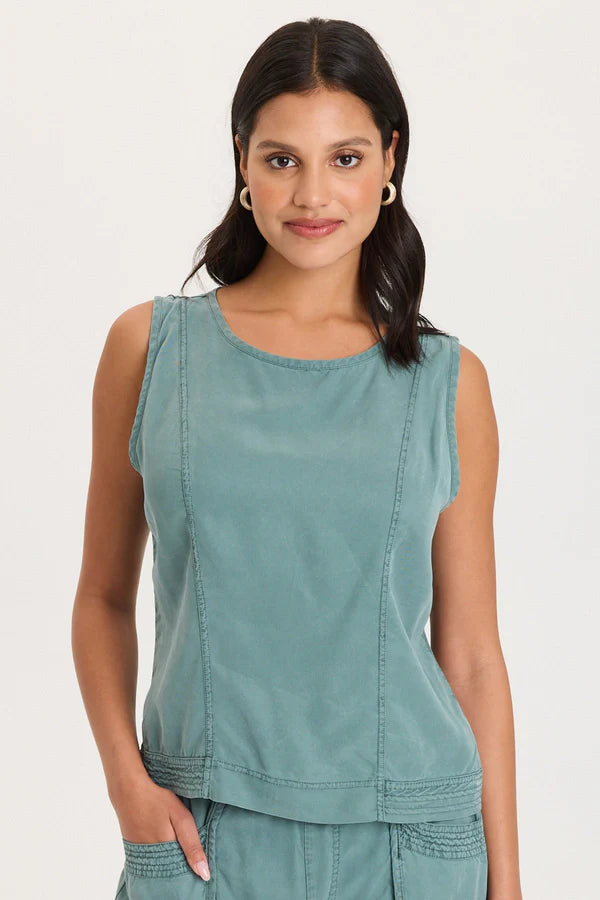 XCVI Davies Stitched Hem Twill/Jersey Tank  in Ocean Storm Pigment
