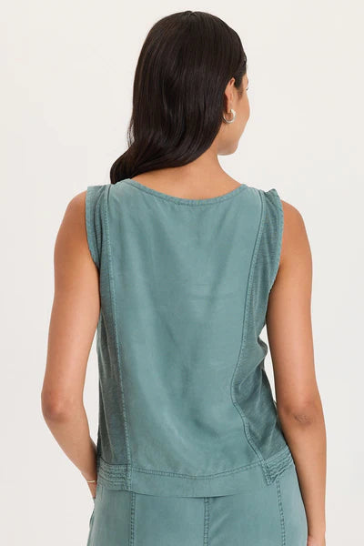 XCVI Davies Stitched Hem Twill/Jersey Tank  in Ocean Storm Pigment