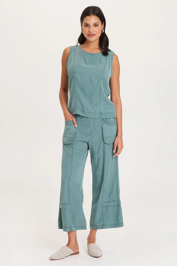 XCVI Davies Stitched Hem Twill/Jersey Tank  in Ocean Storm Pigment