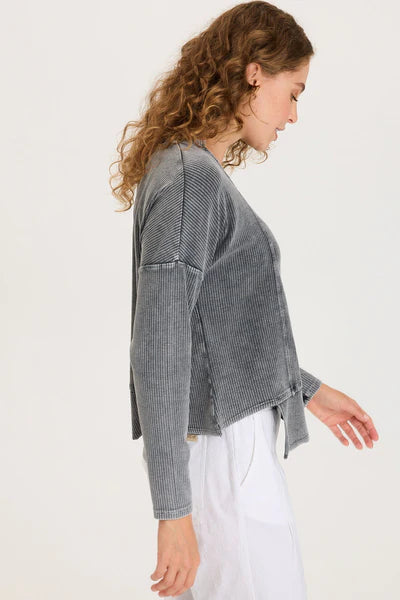 XCVI Hadden Asymmetrical Hem Long Sleeve Top  in Distress Wash Black